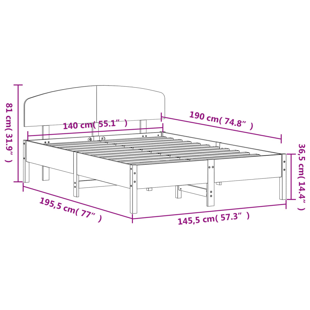 Sängram utan madrass 140x190 cm massiv furu