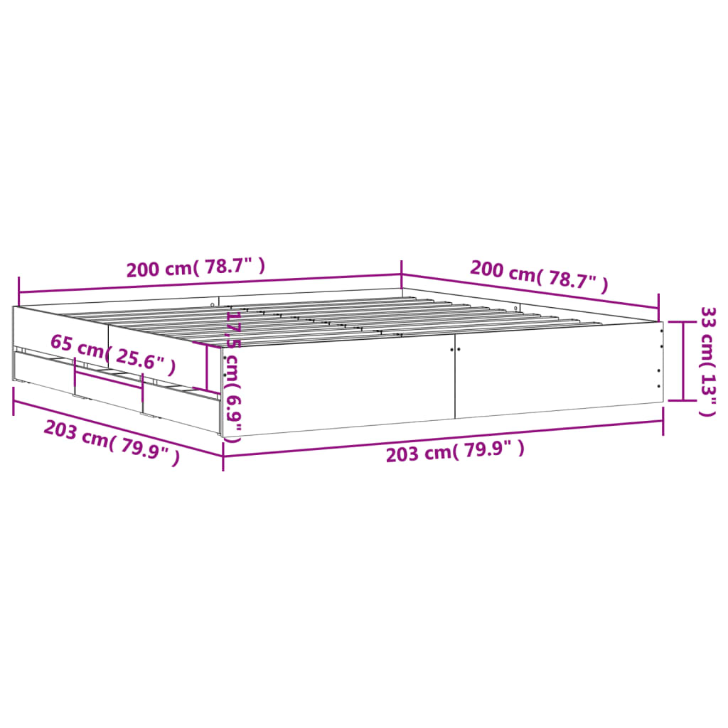 Sängram med lådor vit 200x200 cm konstruerat trä