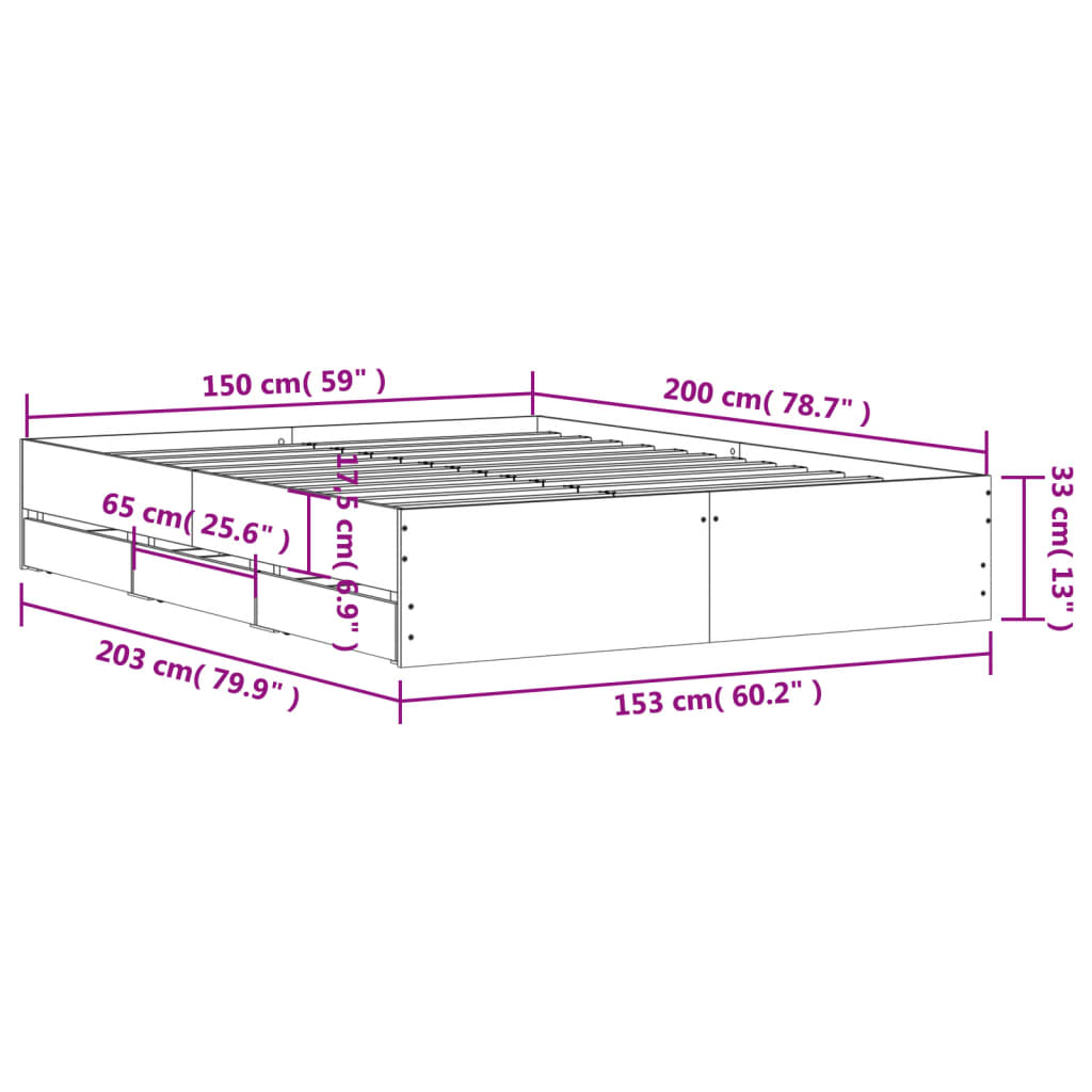 Sängram med lådor betonggrå 150x200 cm konstruerat trä