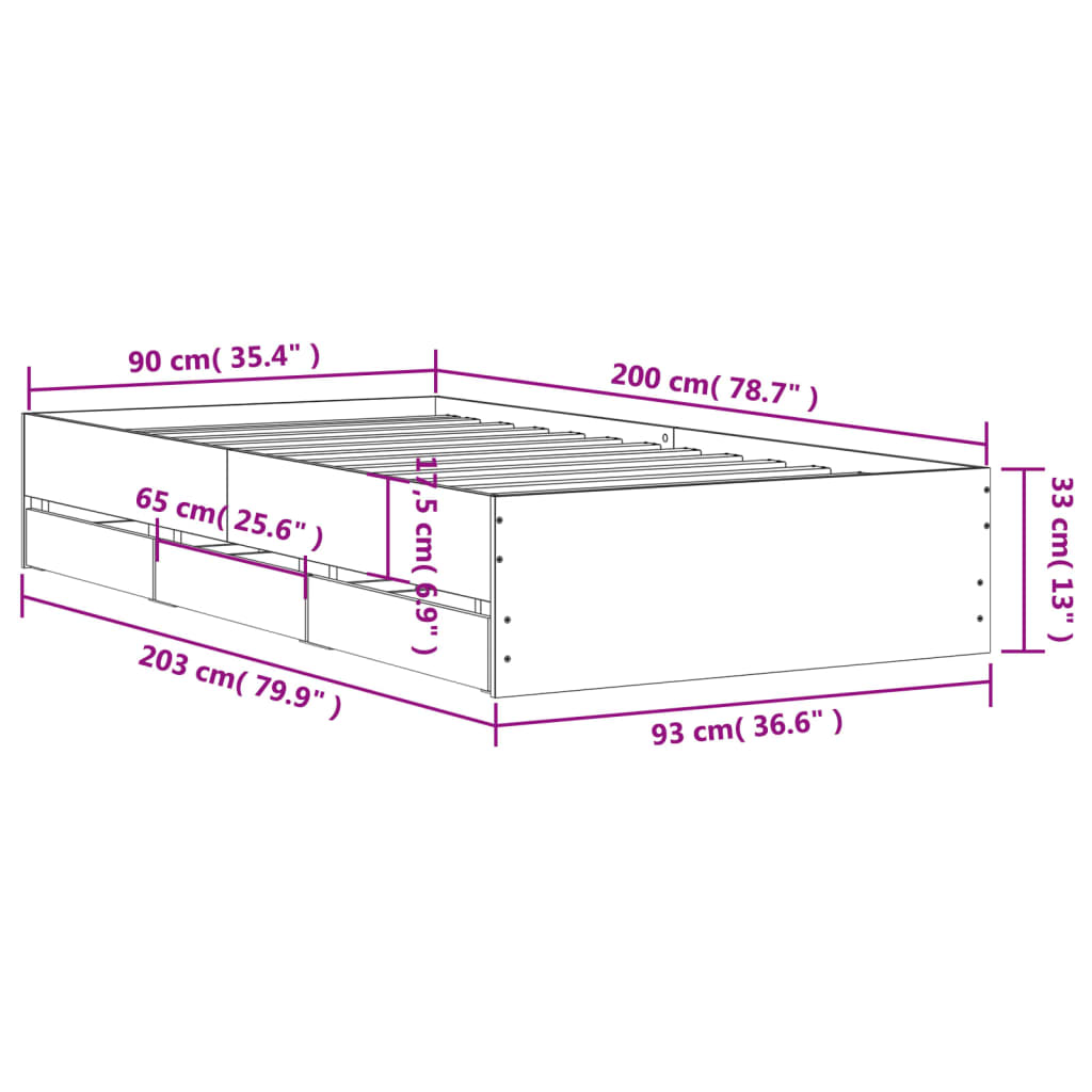 Sängram med lådor sonoma-ek 90x200 cm konstruerat trä