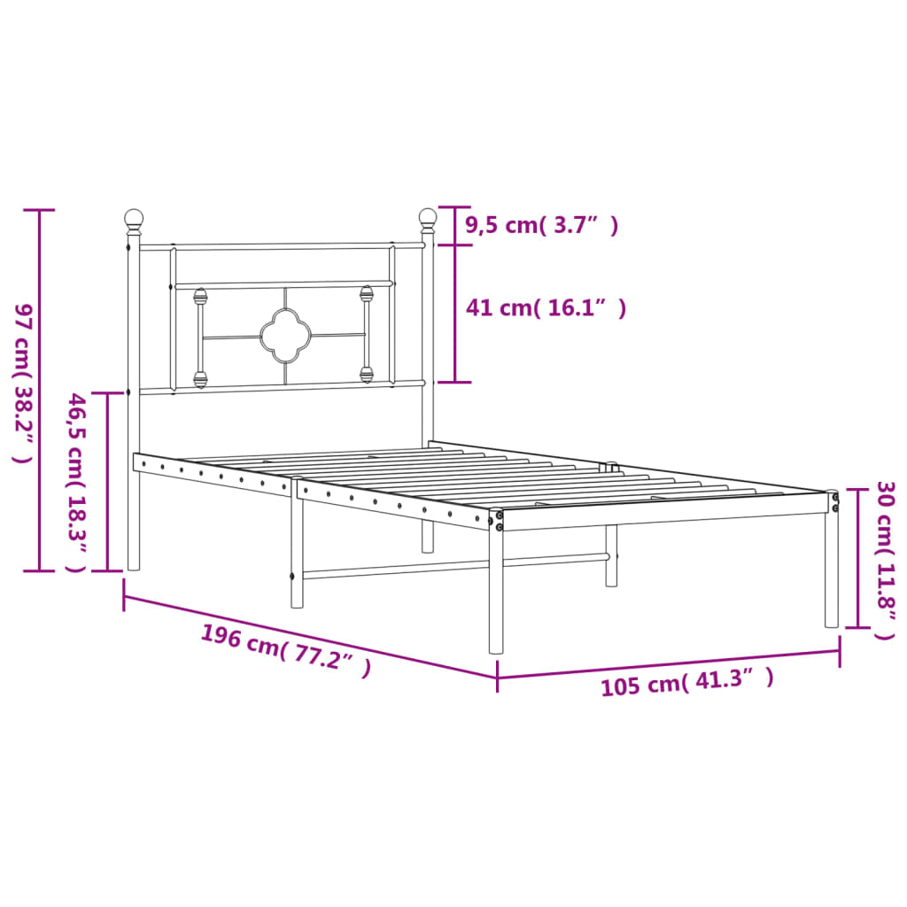 Sängram med huvudgavel metall vit 100x190 cm