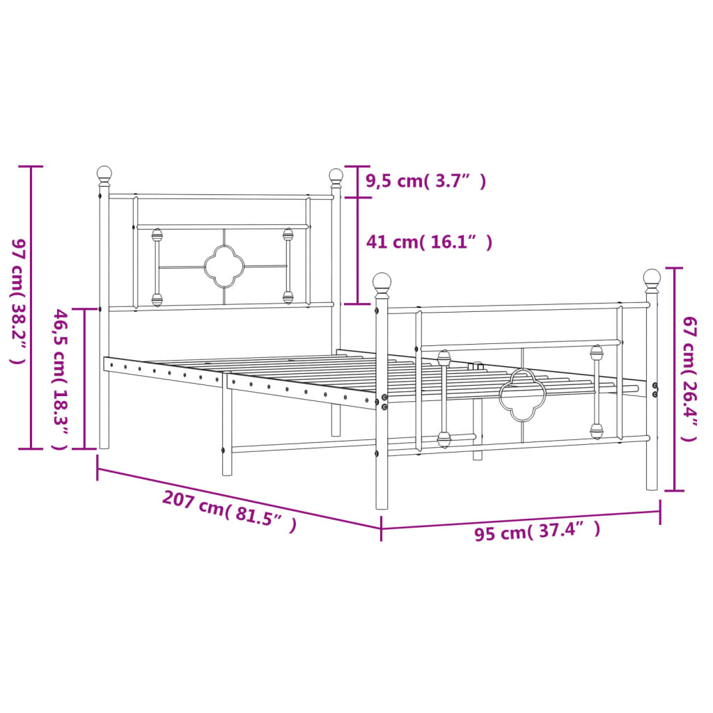 Sängram med huvudgavel och fotgavel vit metall 90x200 cm