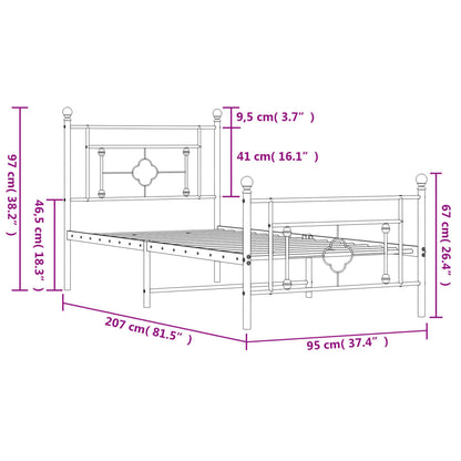 Sängram med huvudgavel och fotgavel vit metall 90x200 cm