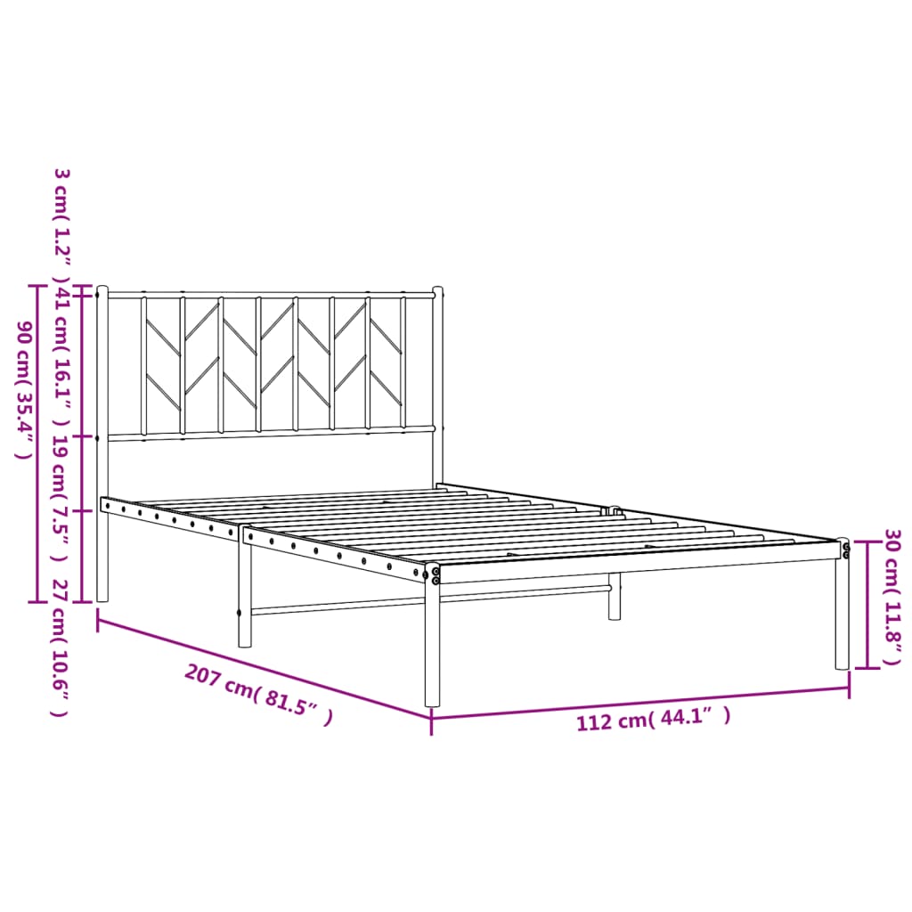 Sängram med huvudgavel metall vit 107x203 cm