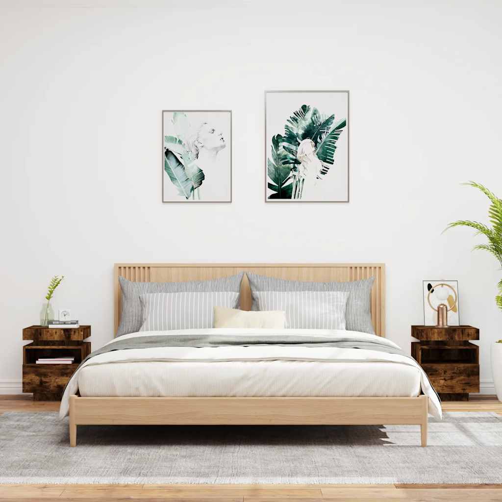 Sängbord med LED-belysning 2 st rökfärgad ek 40x39x48,5 cm