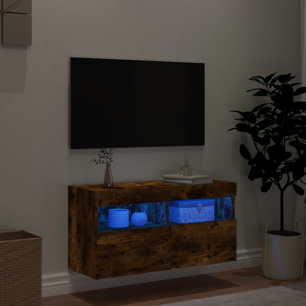 Väggmonterad tv-bänk LED rökfärgad ek 80x30x40 cm