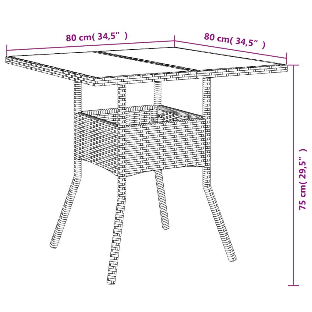 Trädgårdsbord med glasskiva svart 80x80x75 cm konstrotting