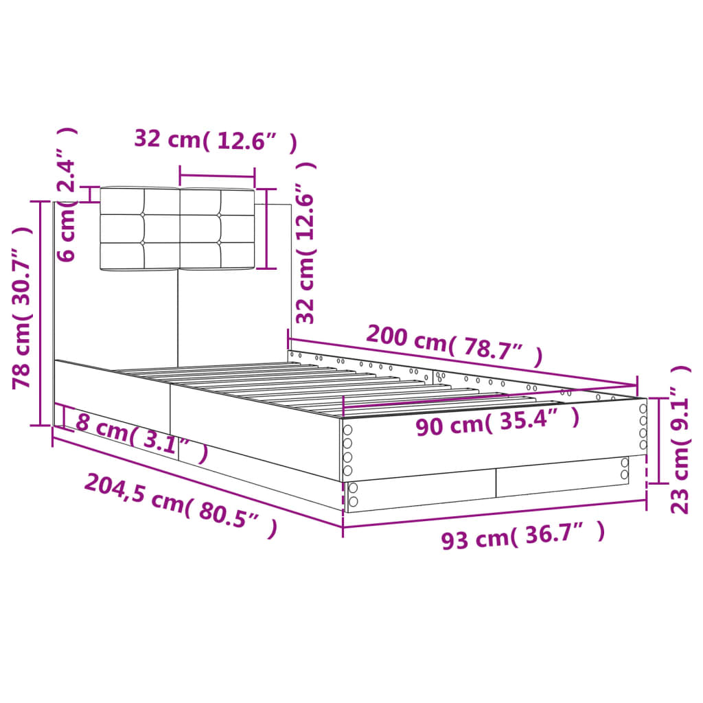 Sängram med huvudgavel vit 90x200 cm konstruerat trä