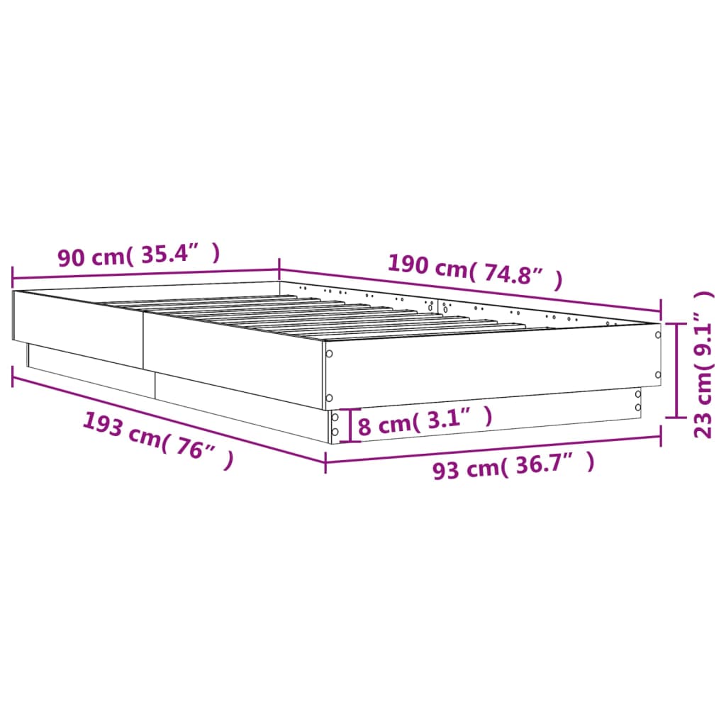 Sängram utan madrass rökfärgad ek 90x190 cm konstruerad trä