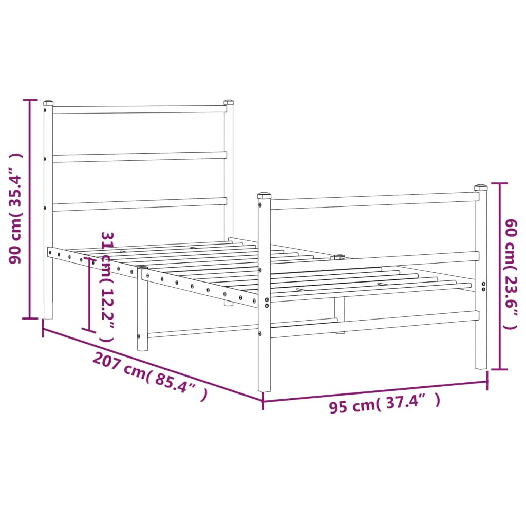 Sängram med huvudgavel och fotgavel vit metall 90x200 cm