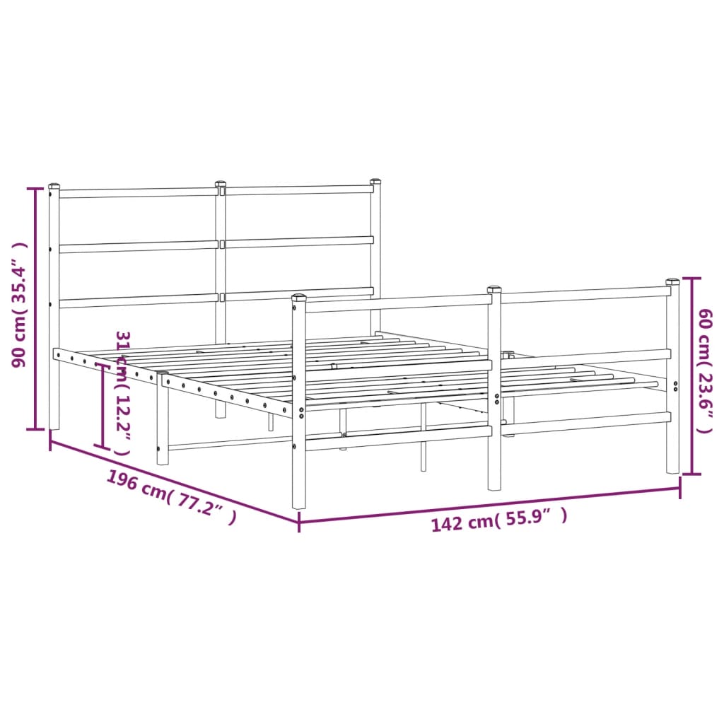 Sängram med huvudgavel och fotgavel vit metall 135x190 cm