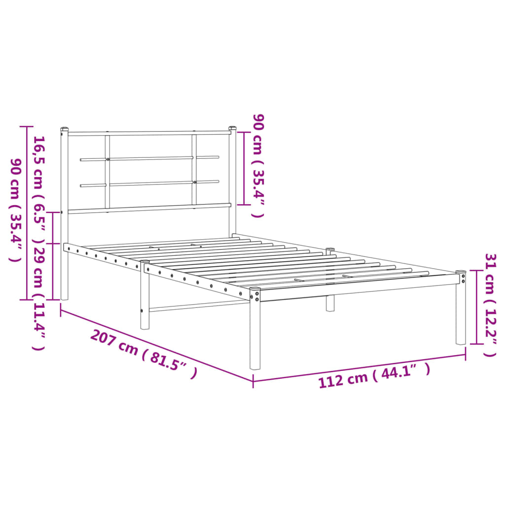 Sängram med huvudgavel metall vit 107x203 cm