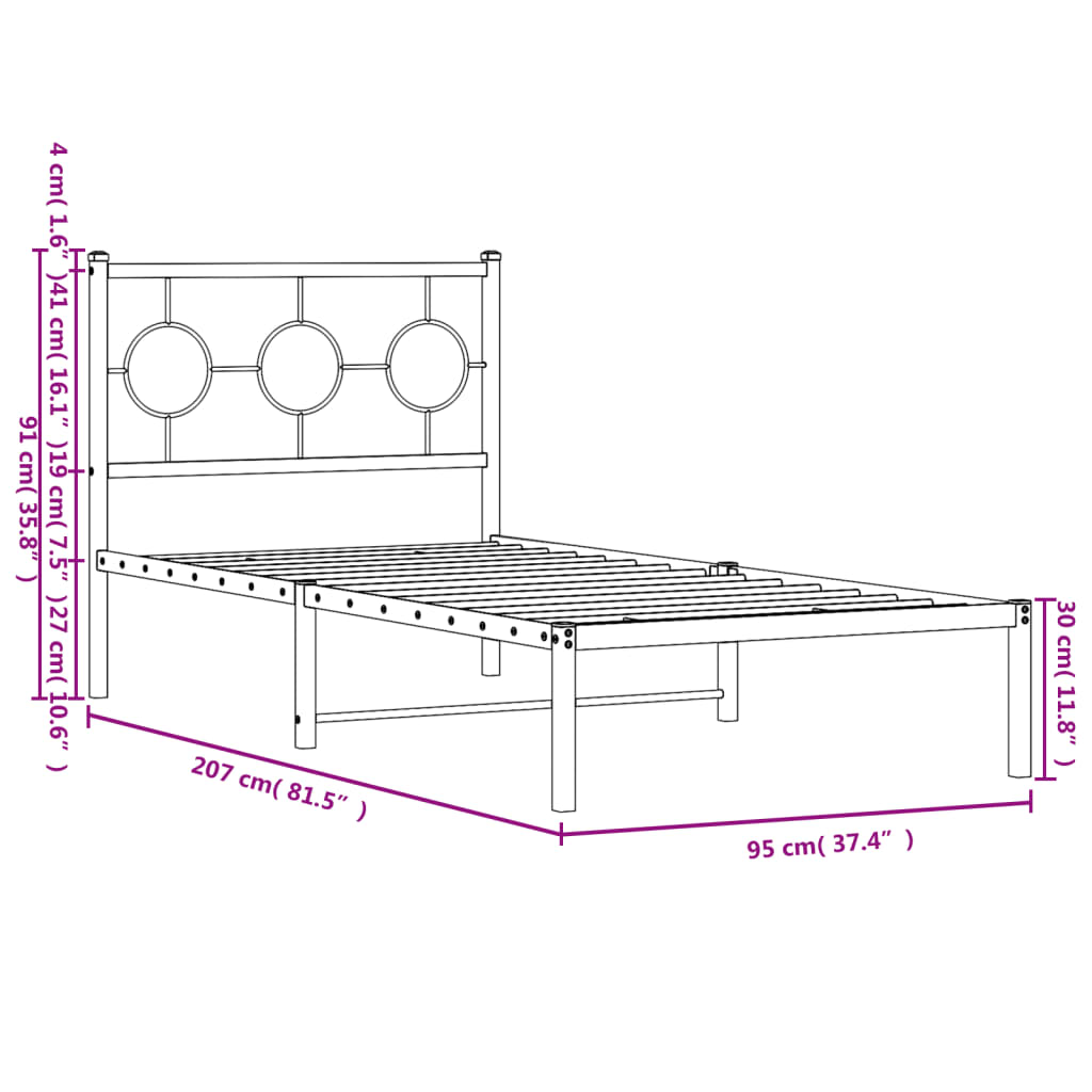 Sängram med huvudgavel metall vit 90x200 cm