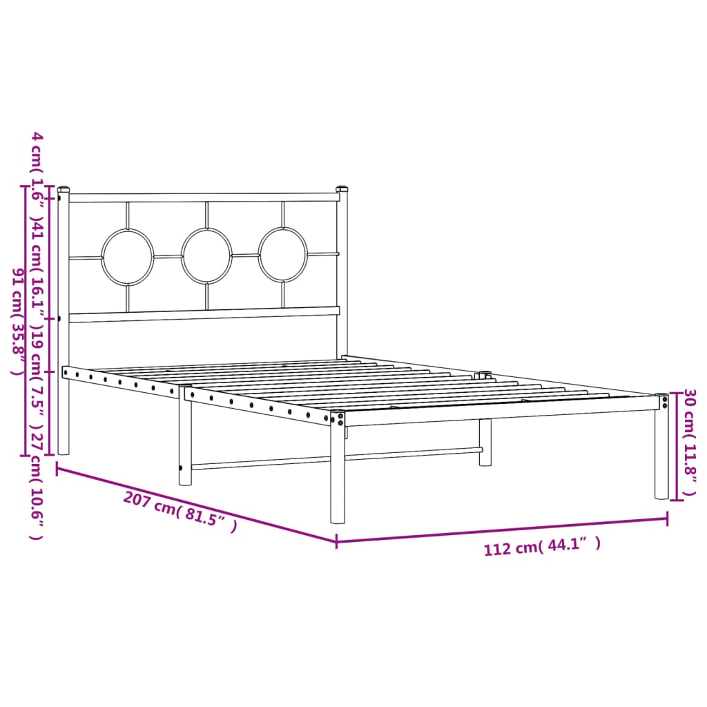 Sängram med huvudgavel metall vit 107x203 cm