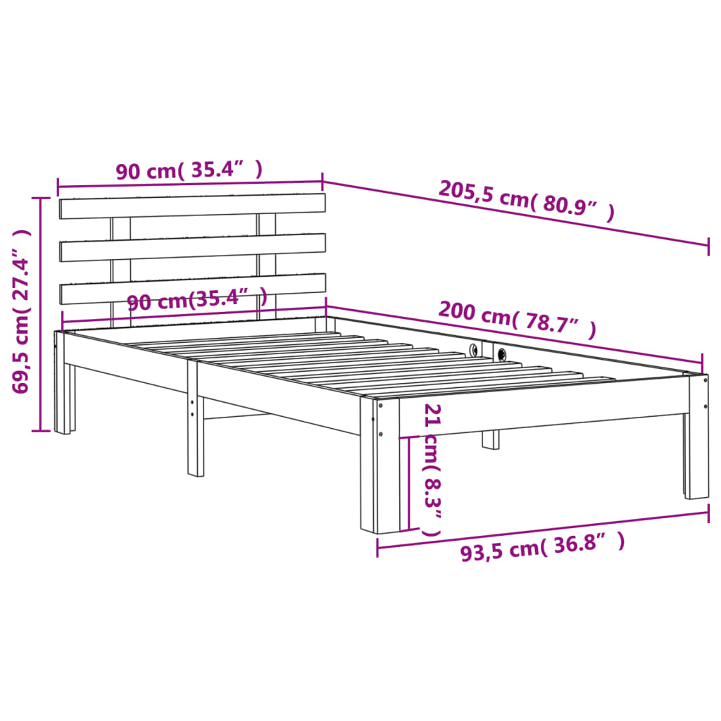 Sängram utan madrass vaxad brun 90x200 cm massiv furu