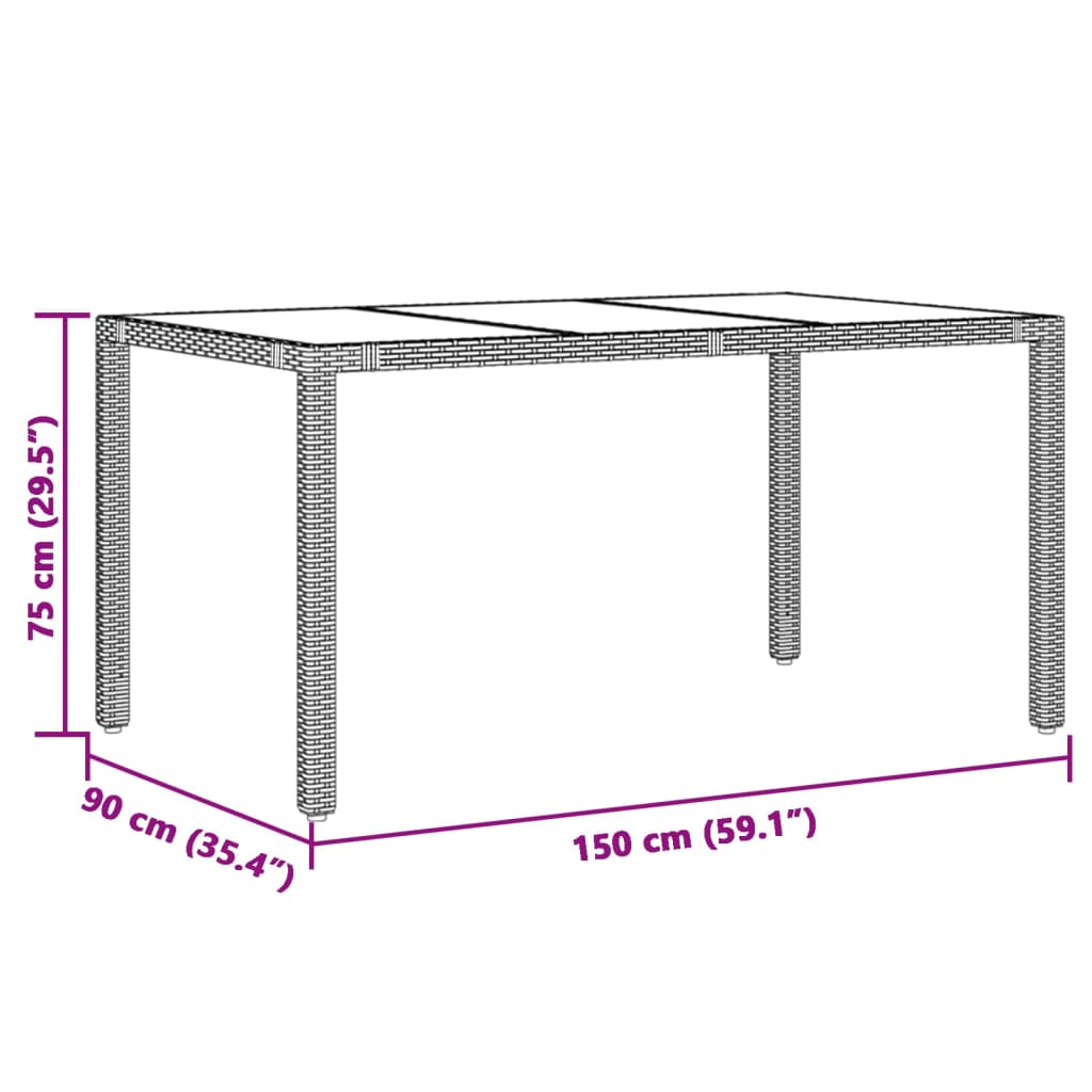 Trädgårdsbord med glasskiva grå 150x90x75 cm konstrotting