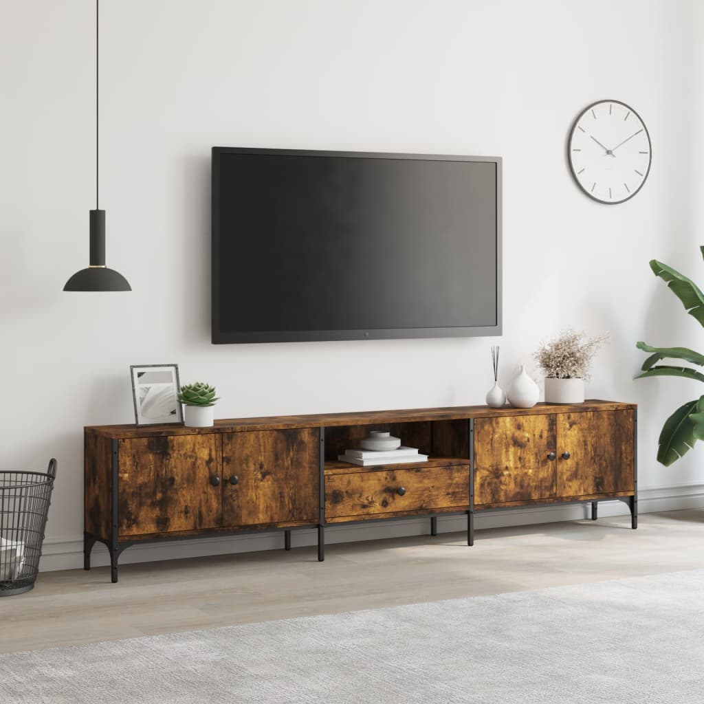 Tv-bänk med låda rökfärgad ek 200x25x44 cm konstruerat trä