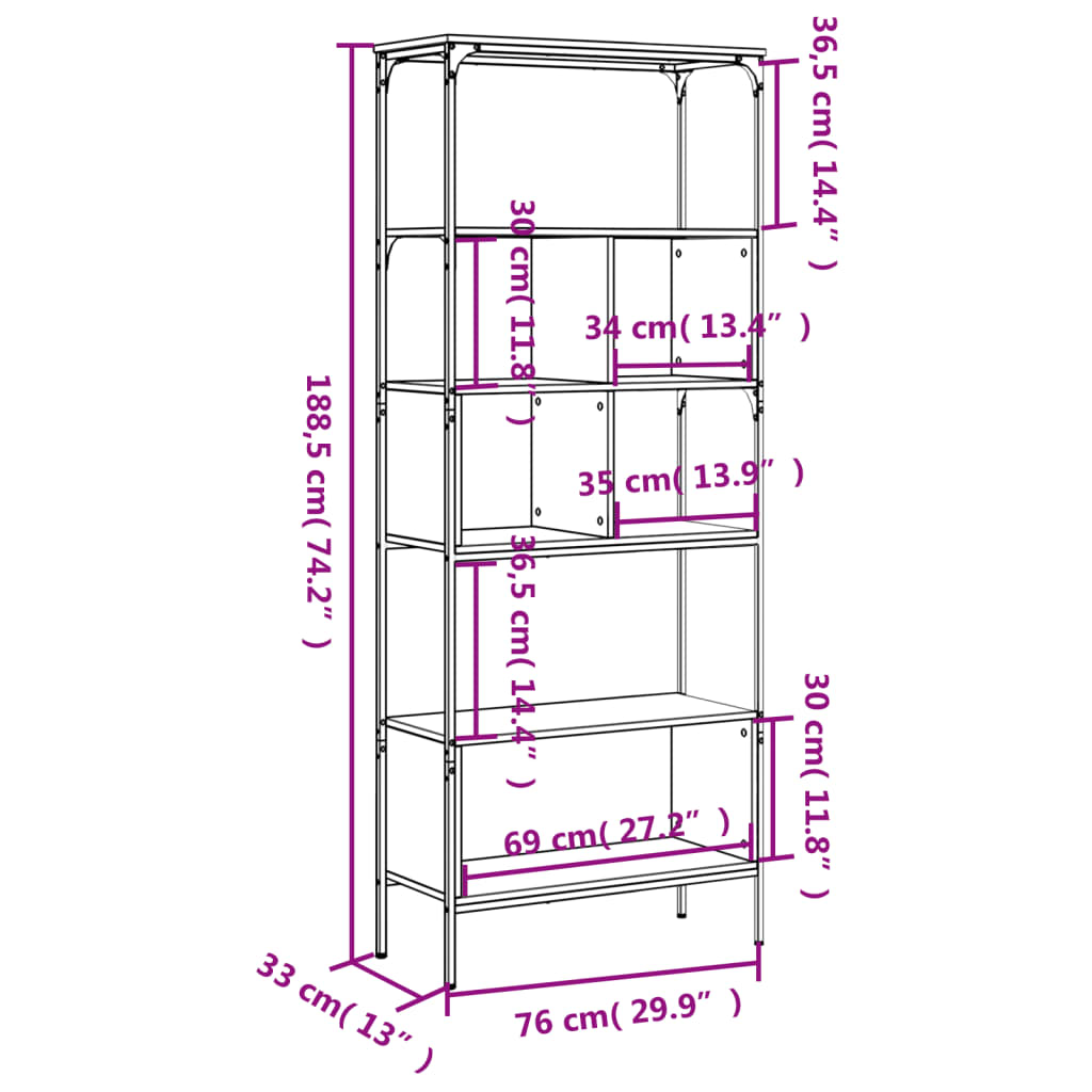 Bokhylla 5 hyllplan sonoma-ek 76x33x188,5 cm konstruerat trä