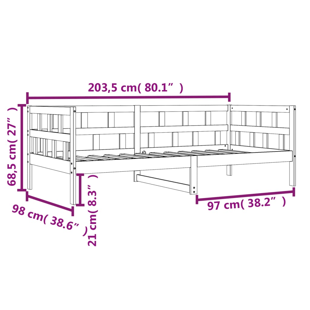 Dagbädd utan madrass vaxad brun 90x200 cm massiv furu