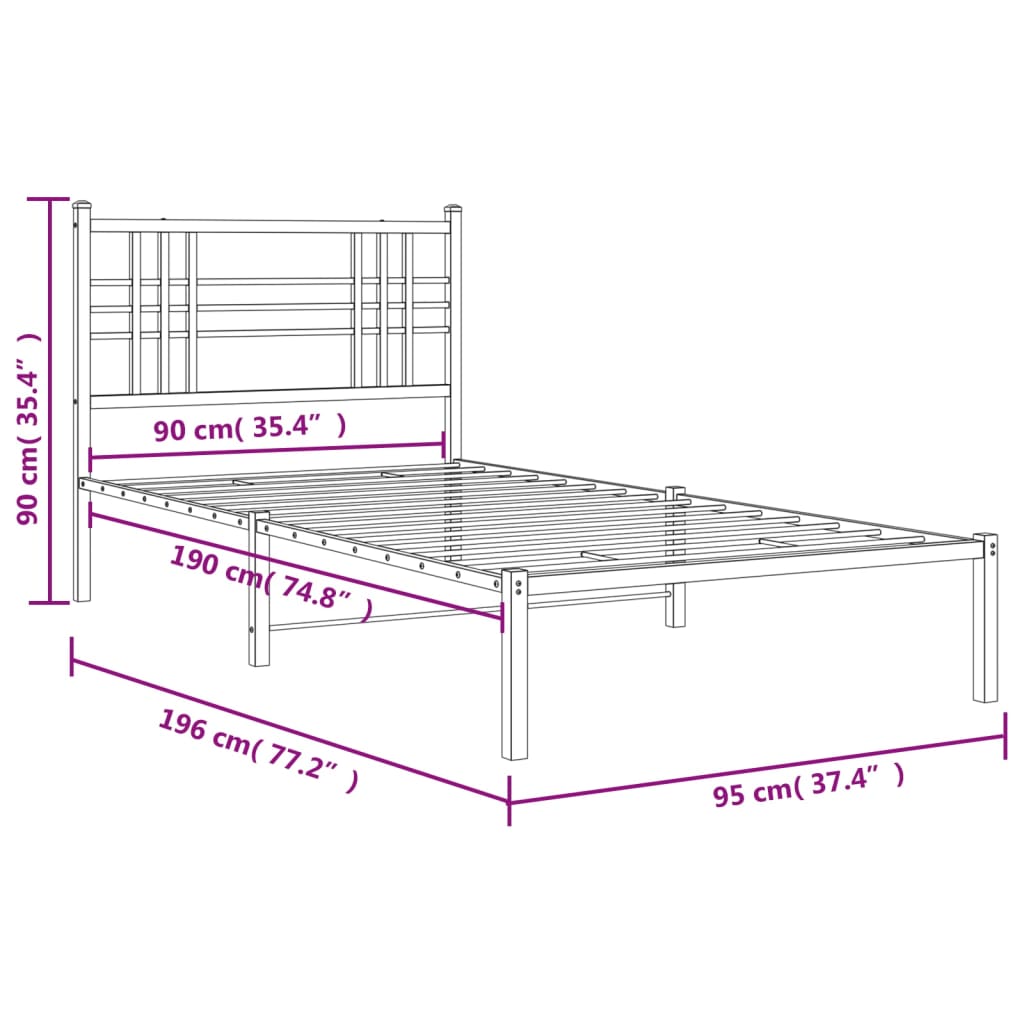 Sängram med huvudgavel metall vit 90x190 cm