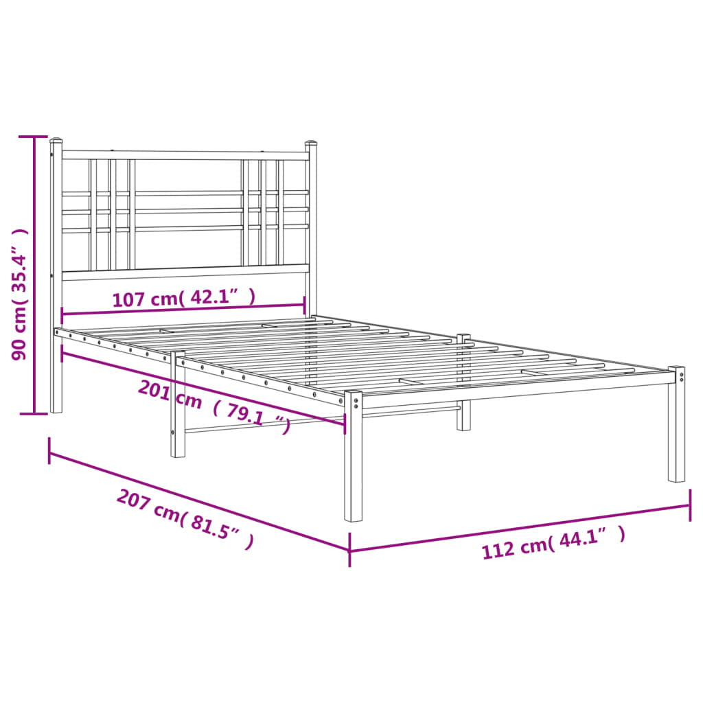 Sängram med huvudgavel metall vit 107x203 cm