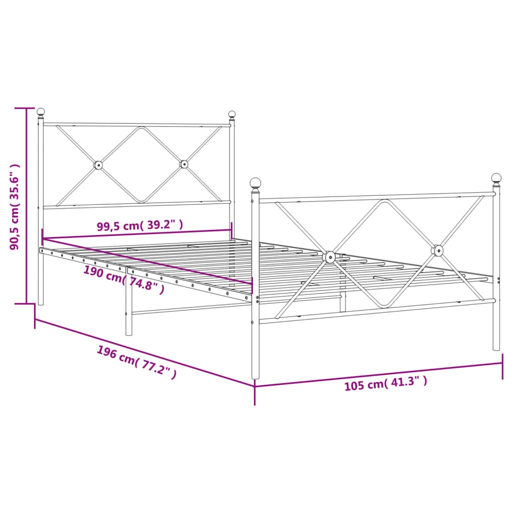 Sängram med huvudgavel och fotgavel svart metall 100x190 cm