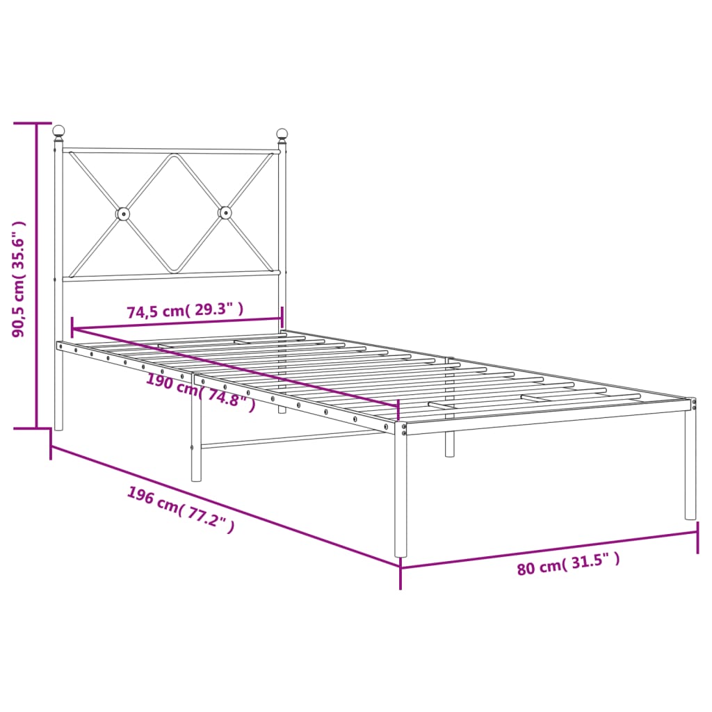 Sängram utan madrass med huvudgavel metall vit 75x190 cm