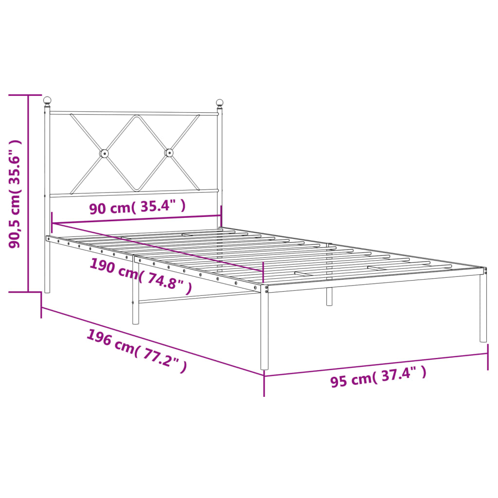 Sängram med huvudgavel metall vit 90x190 cm