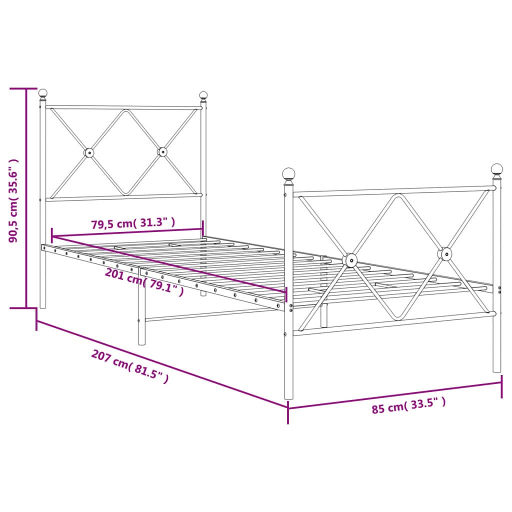 Sängram med huvudgavel och fotgavel vit metall 80x200 cm