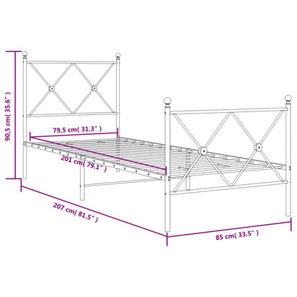 Sängram med huvudgavel och fotgavel vit metall 80x200 cm