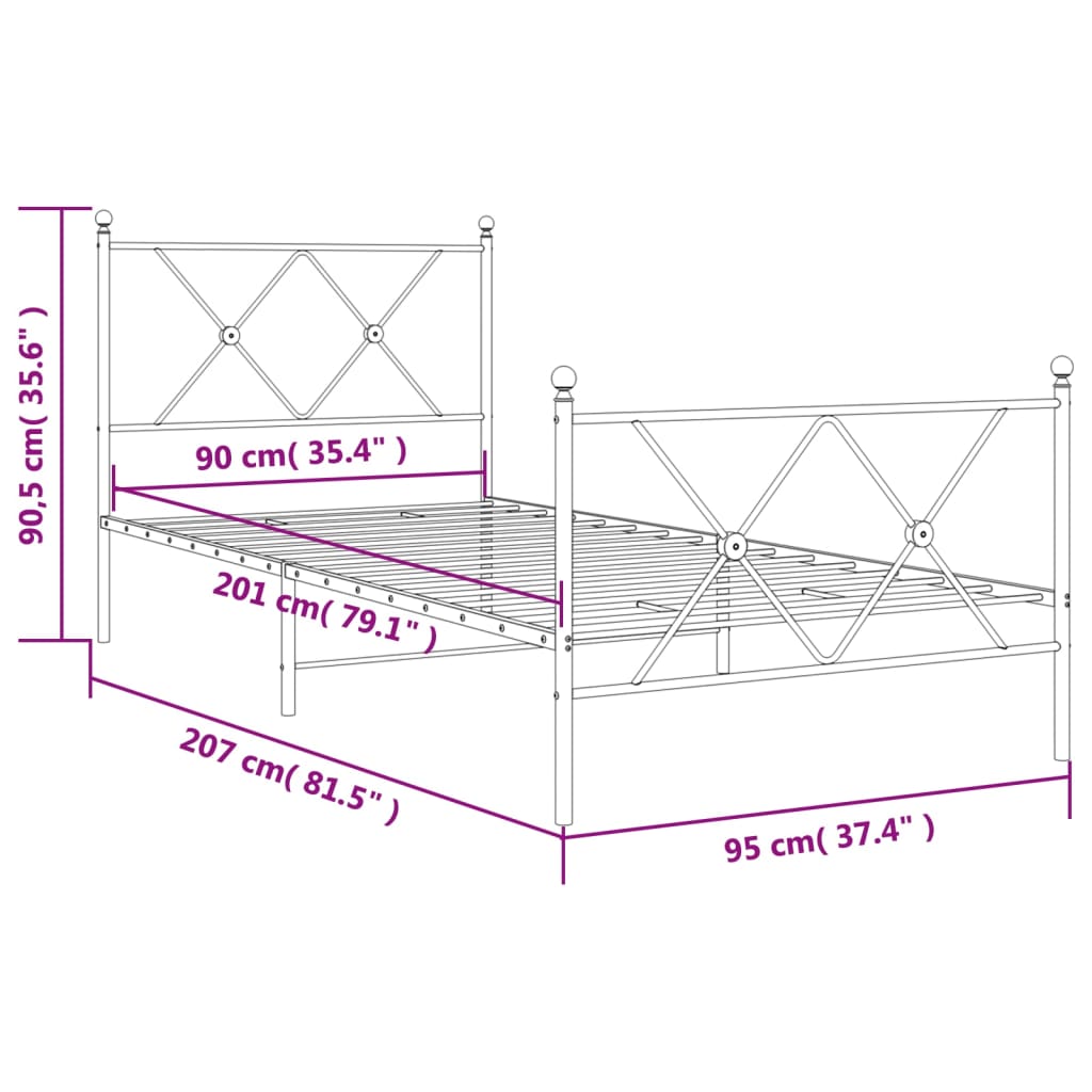 Sängram med huvudgavel och fotgavel vit metall 90x200 cm