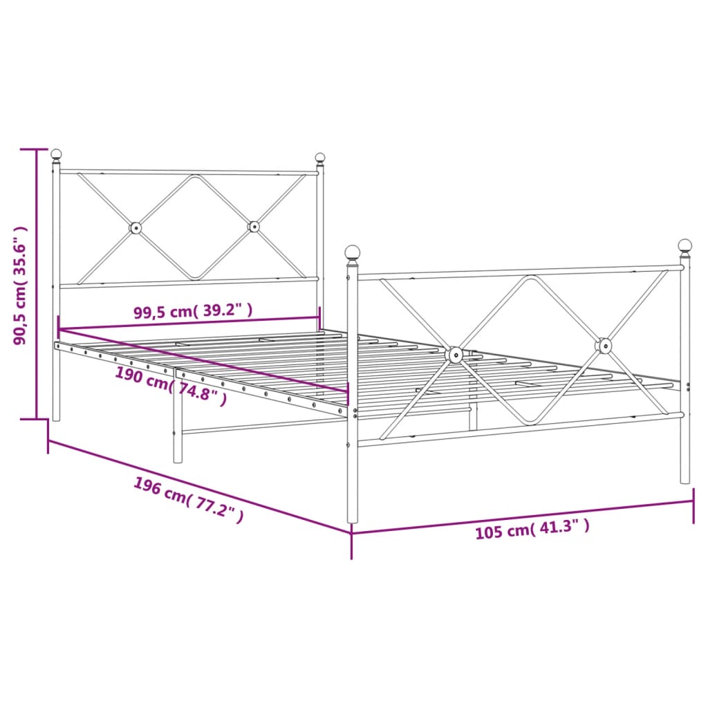 Sängram med huvudgavel och fotgavel vit metall 100x190 cm