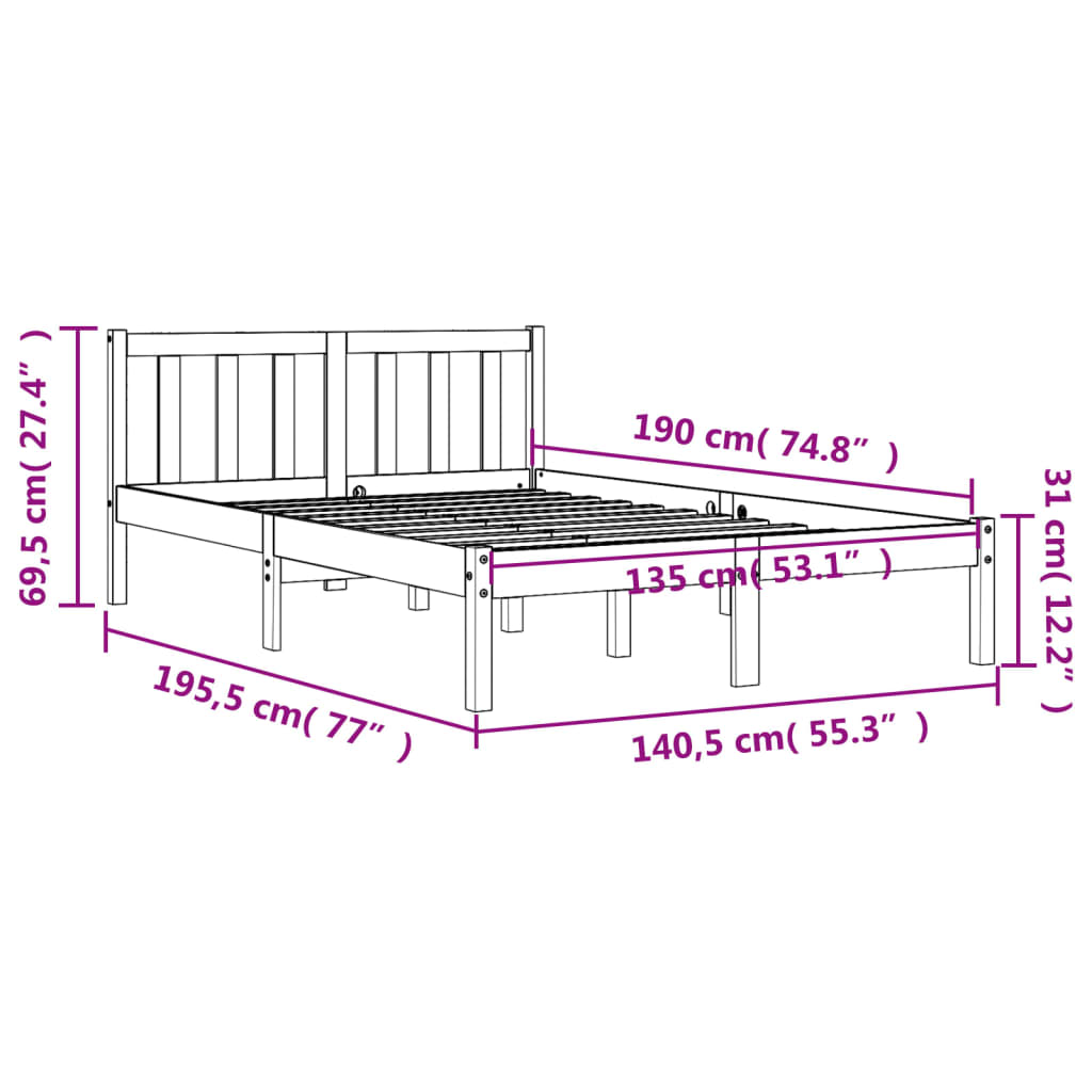 Sängram utan madrass vaxbrun 135x190 cm massiv furu