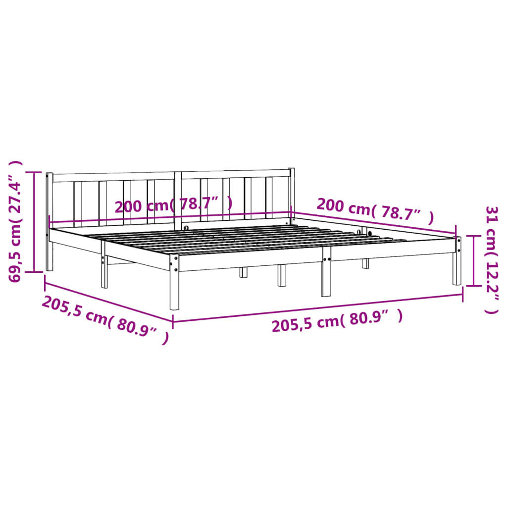 Sängram utan madrass vaxbrun 200x200 cm massiv furu