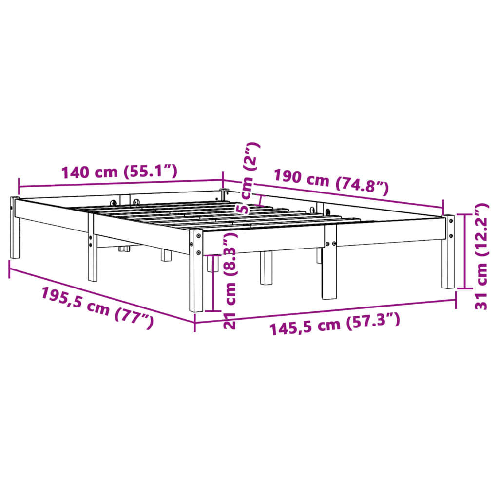 Sängram utan madrass vaxbrun 140x190 cm massiv furu