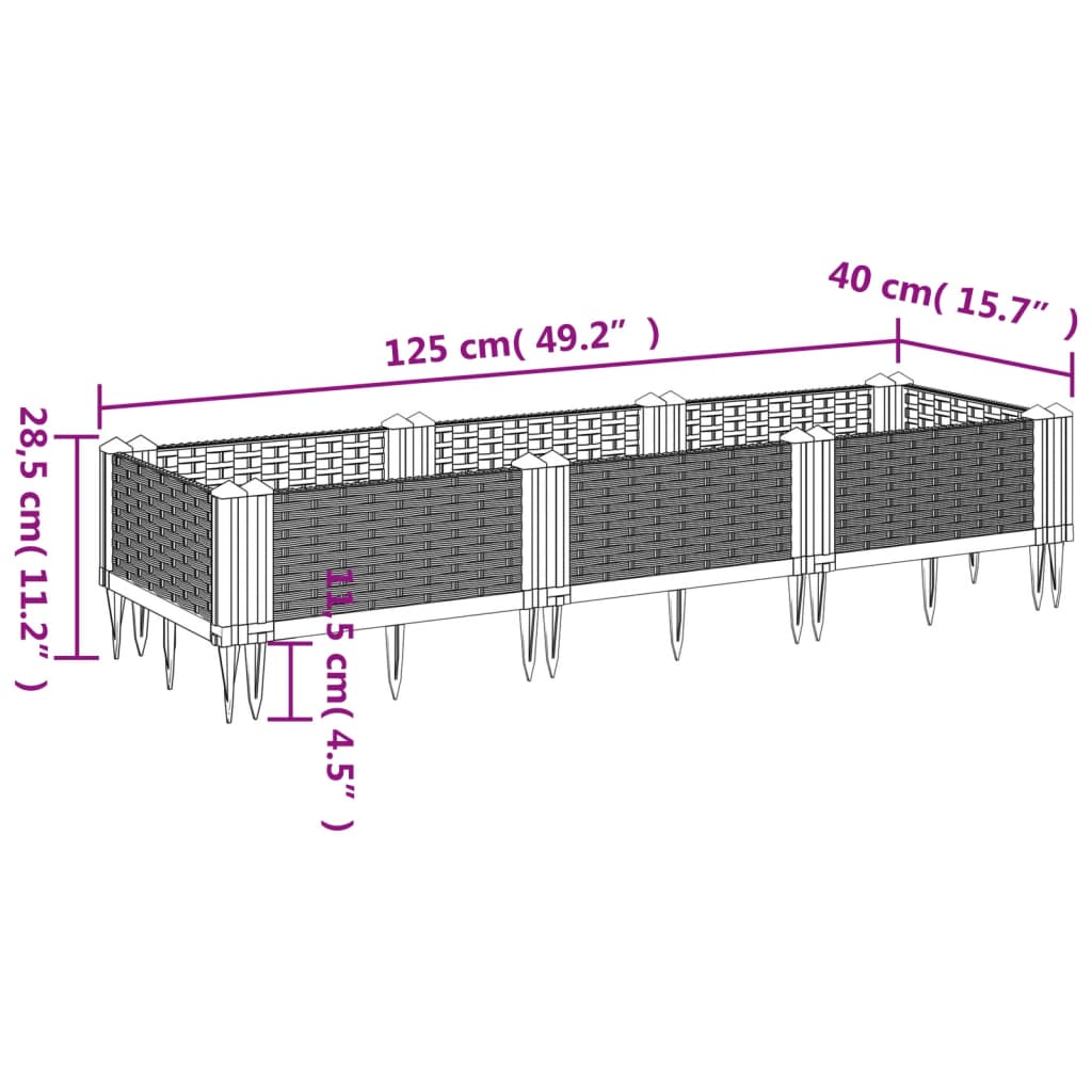 Odlingslåda med piggar svart 125x40x28,5 cm PP