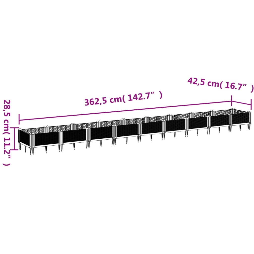 Odlingslåda med piggar ljusgrå 362,5x42,5x28,5 cm PP