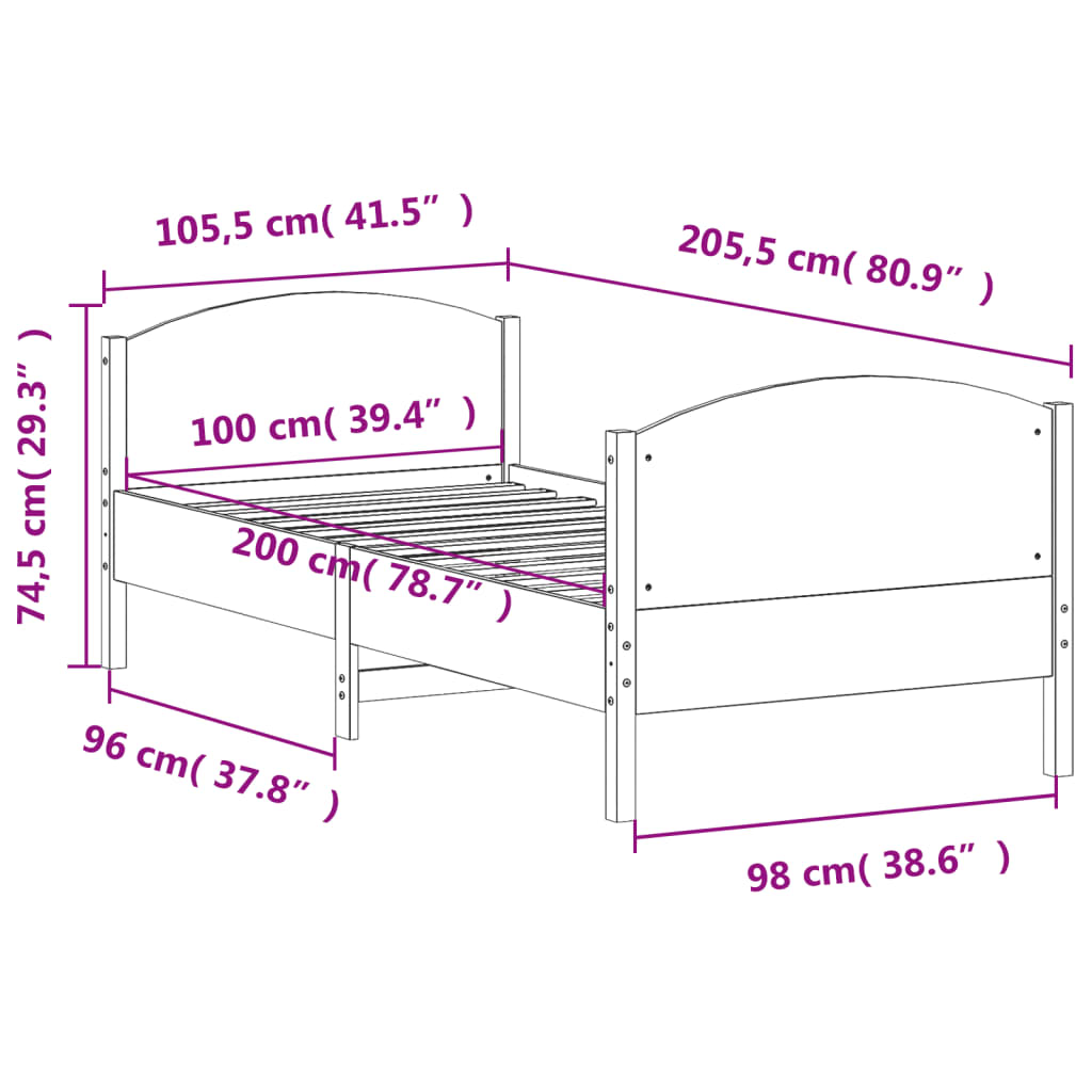 Sängram utan madrass 100x200 cm massiv furu