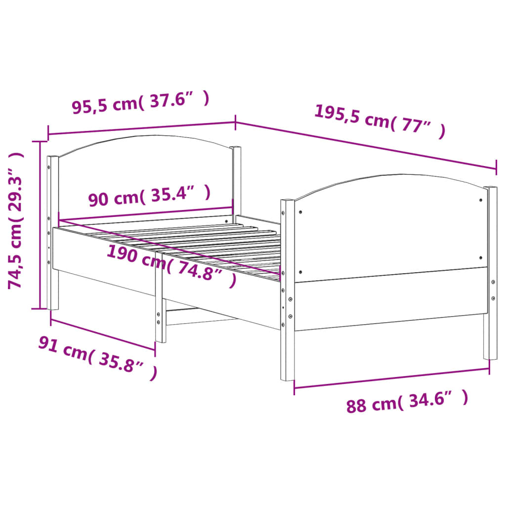 Sängram utan madrass 90x190 cm massiv furu