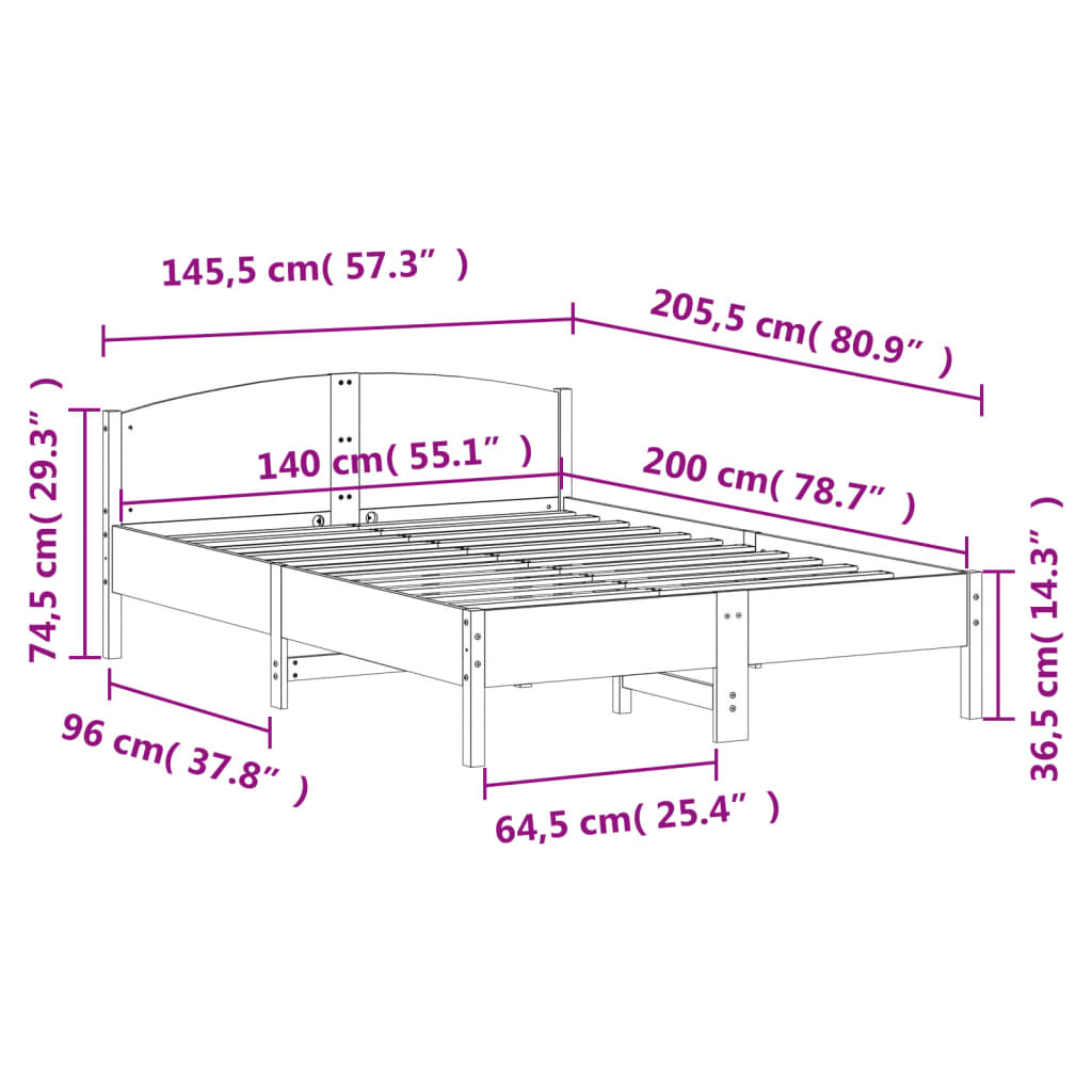 Sängram utan madrass vaxbrun 140x200 cm massiv furu