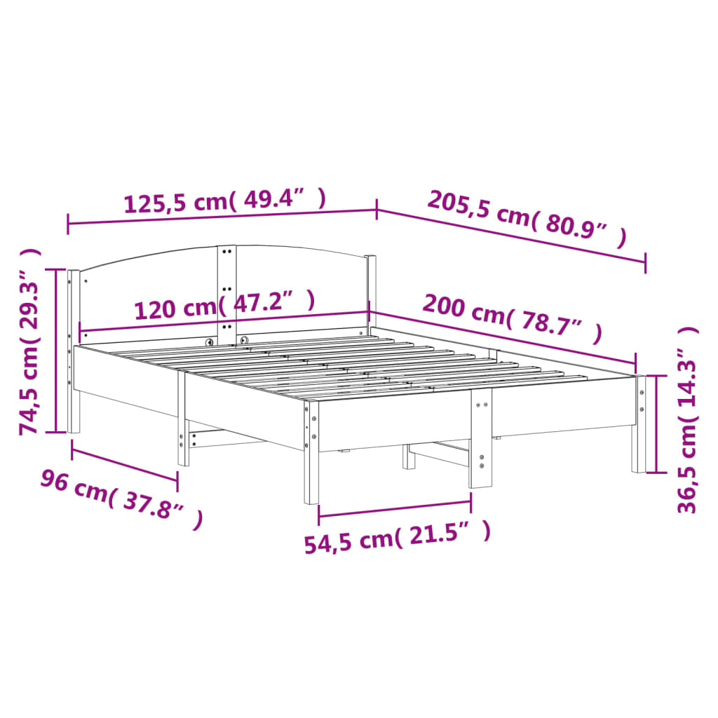 Sängram utan madrass 120x200 cm massiv furu