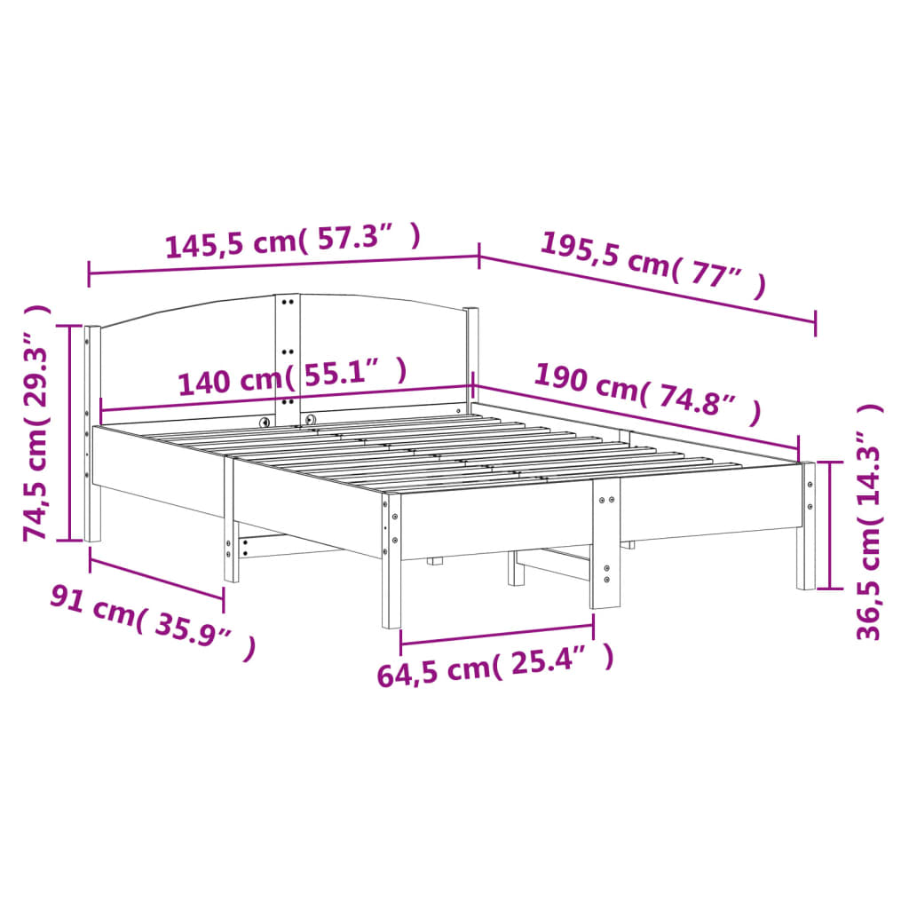 Sängram utan madrass 140x190 cm massiv furu