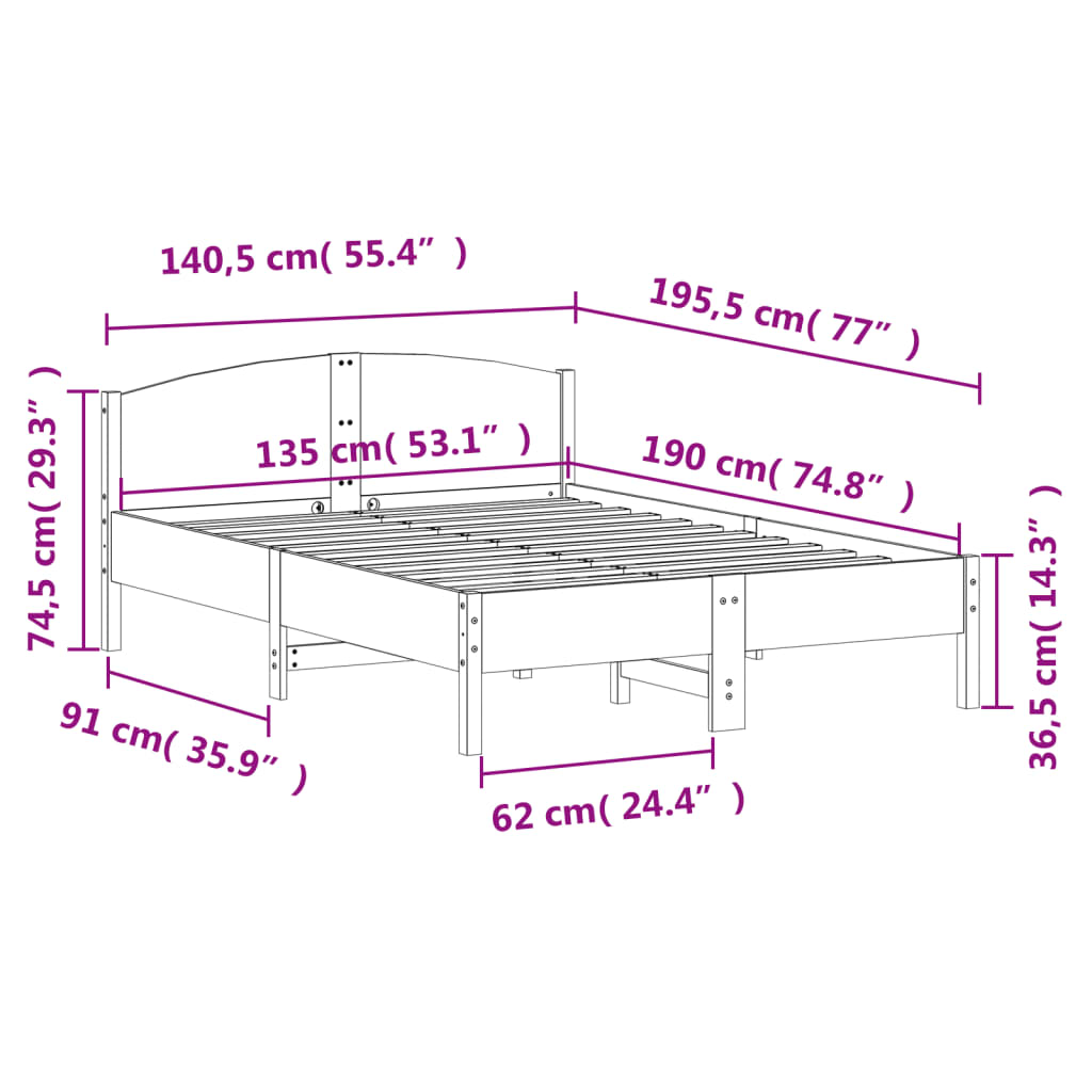 Sängram utan madrass 135x190 cm massiv furu