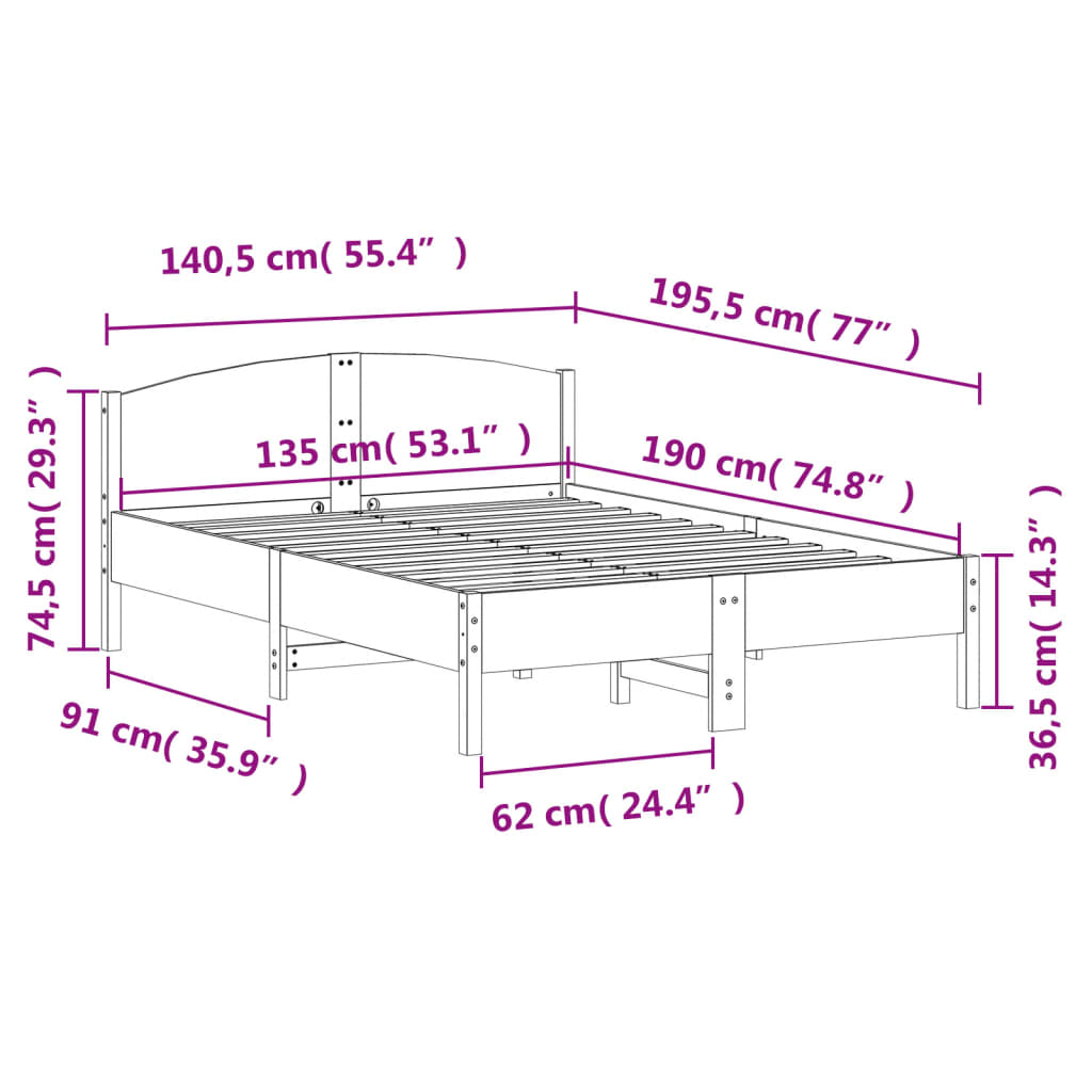 Sängram utan madrass vaxbrun 135x190 cm massiv furu