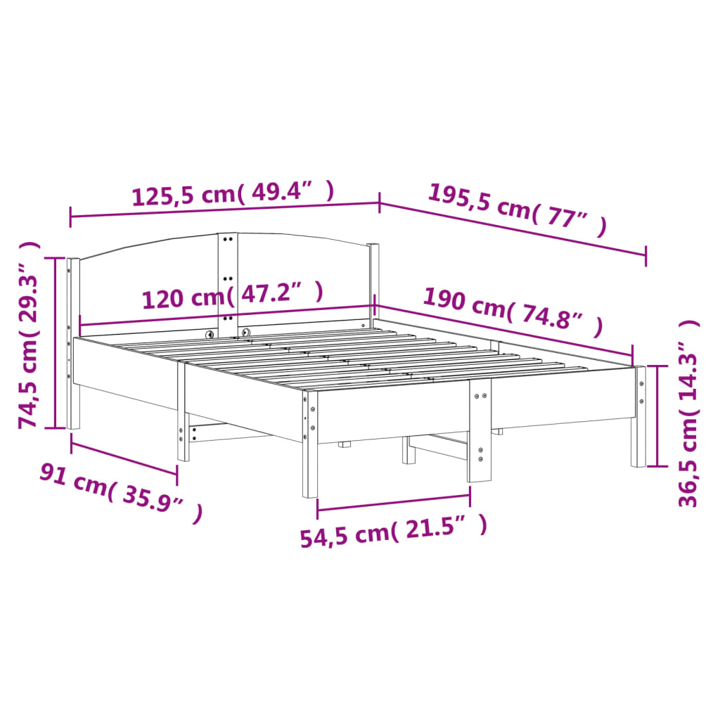 Sängram utan madrass 120x190 cm massiv furu