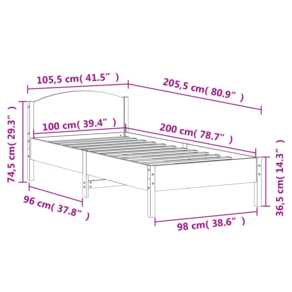 Sängram utan madrass 100x200 cm massiv furu