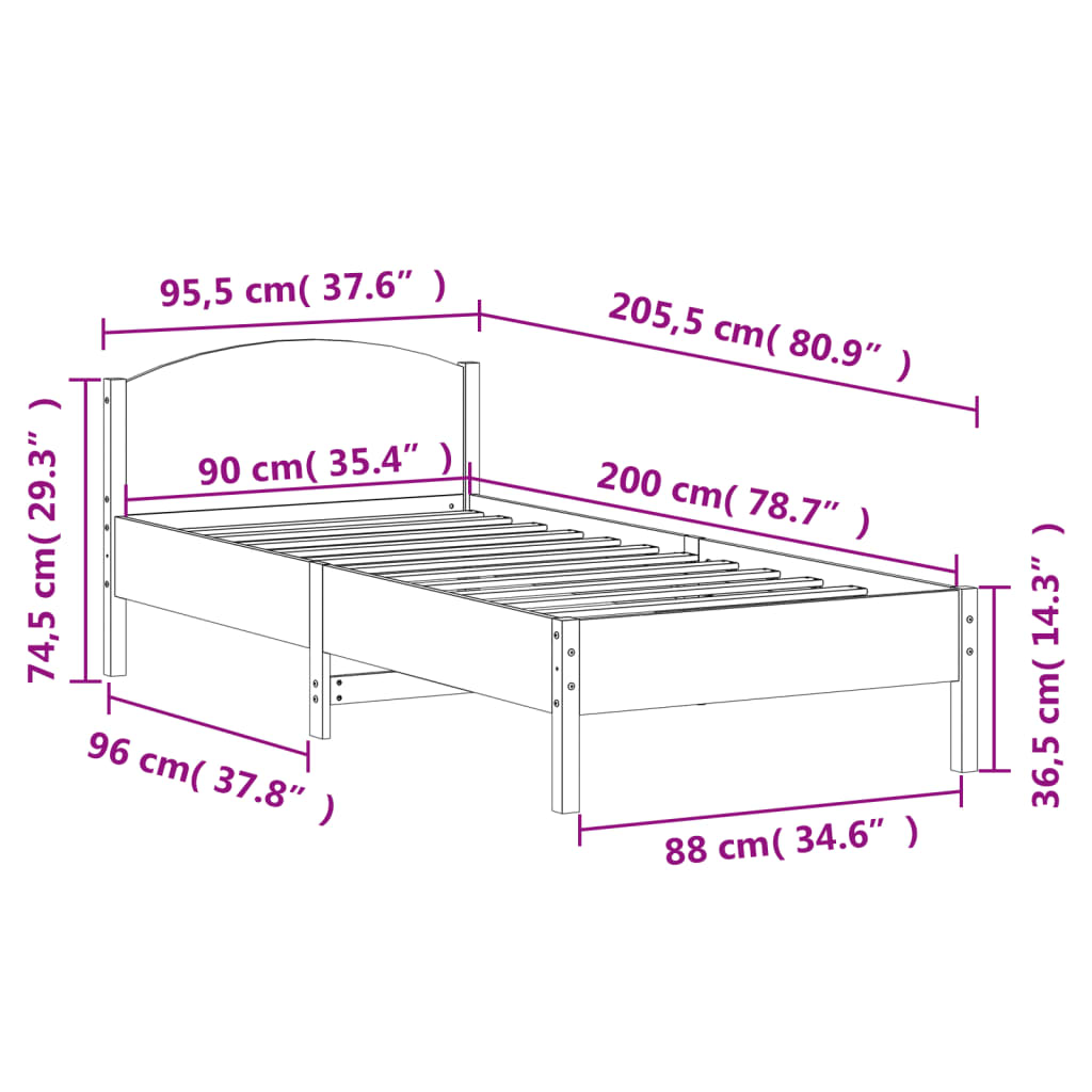 Sängram utan madrass 90x200 cm massiv furu