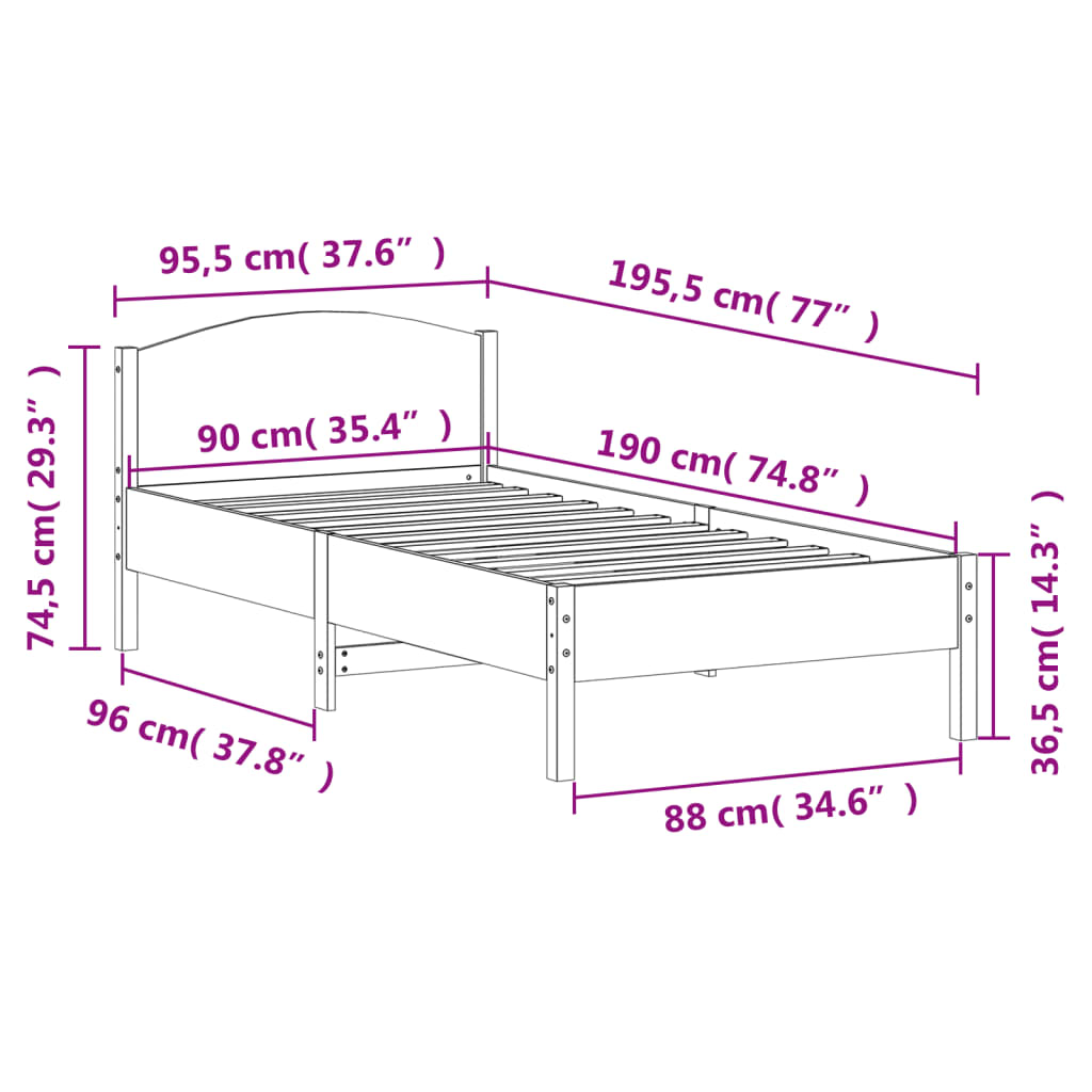 Sängram utan madrass vit 90x190 cm massiv furu