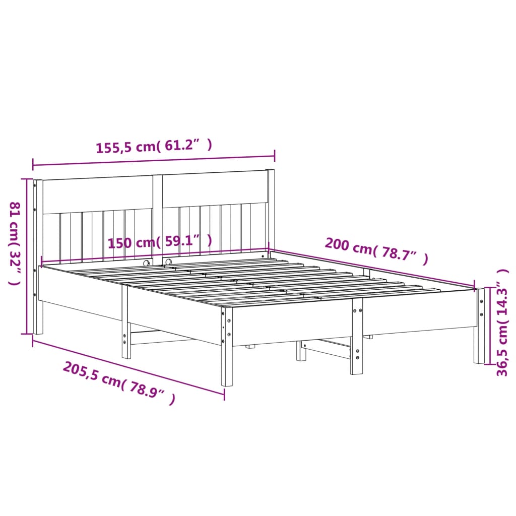 Sängram utan madrass vaxbrun 150x200 cm massiv furu