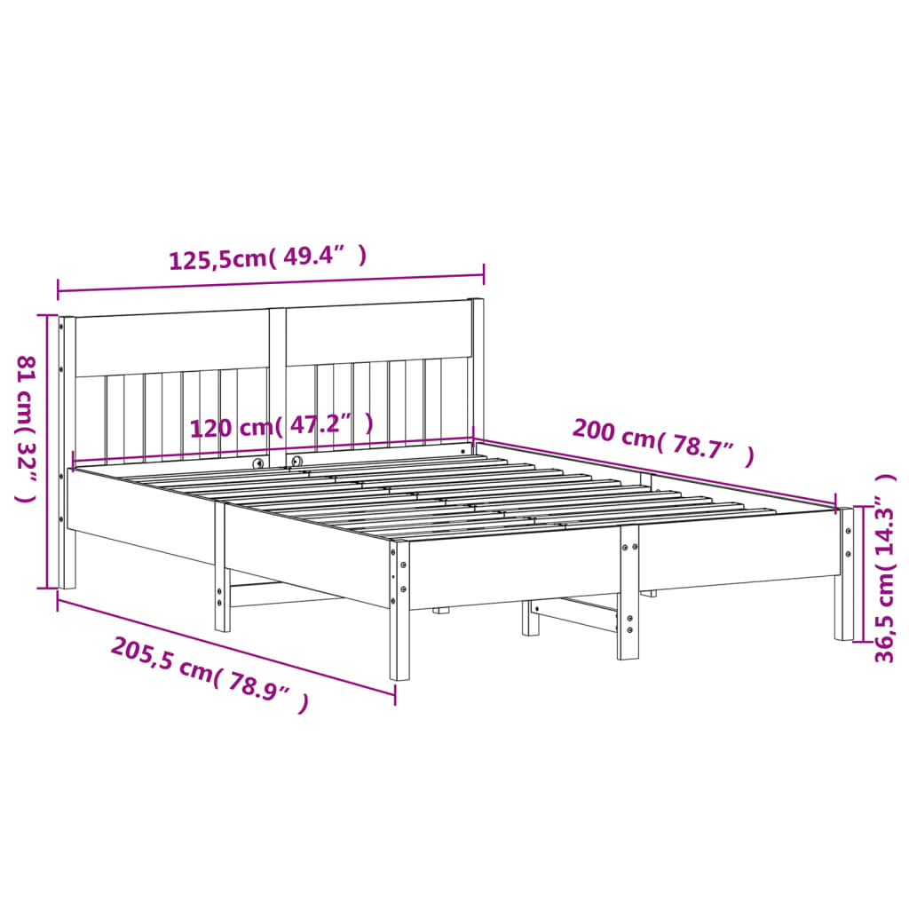 Sängram utan madrass vaxbrun 120x200 cm massiv furu